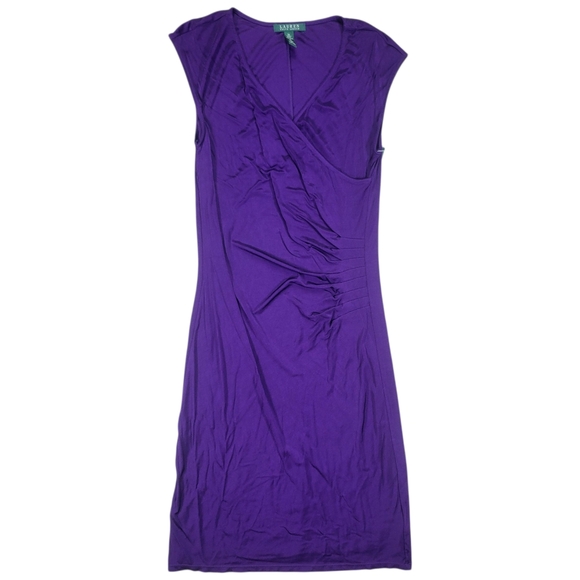 Ralph Lauren Sheath Dress Womens M Royal Purple Midi Faux Wrap Ruched Stretchy - Picture 5 of 12